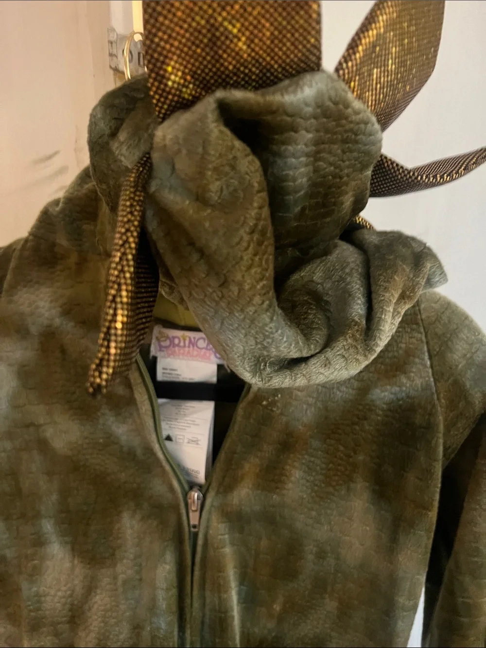 Olive Green Dinosaur Hooded Kids costume with gold Scales